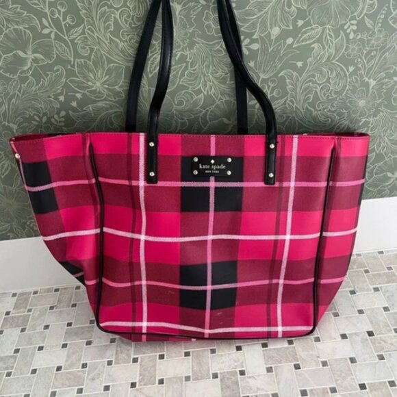 Kate Spade pink plaid large tote - SEE PICS - Picture 1 of 4